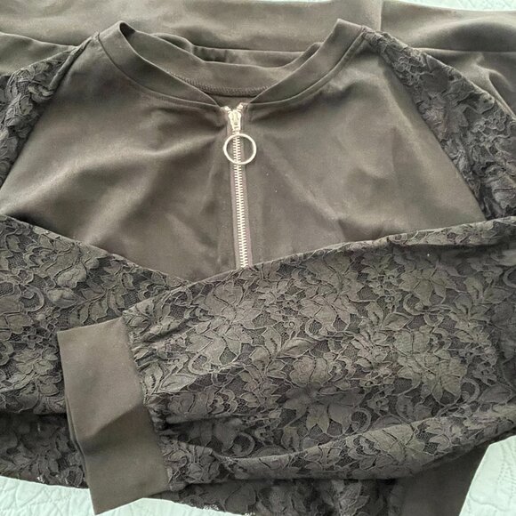 Lace Sleeve Zip Bomber Jacket Black 3X - Picture 4 of 5